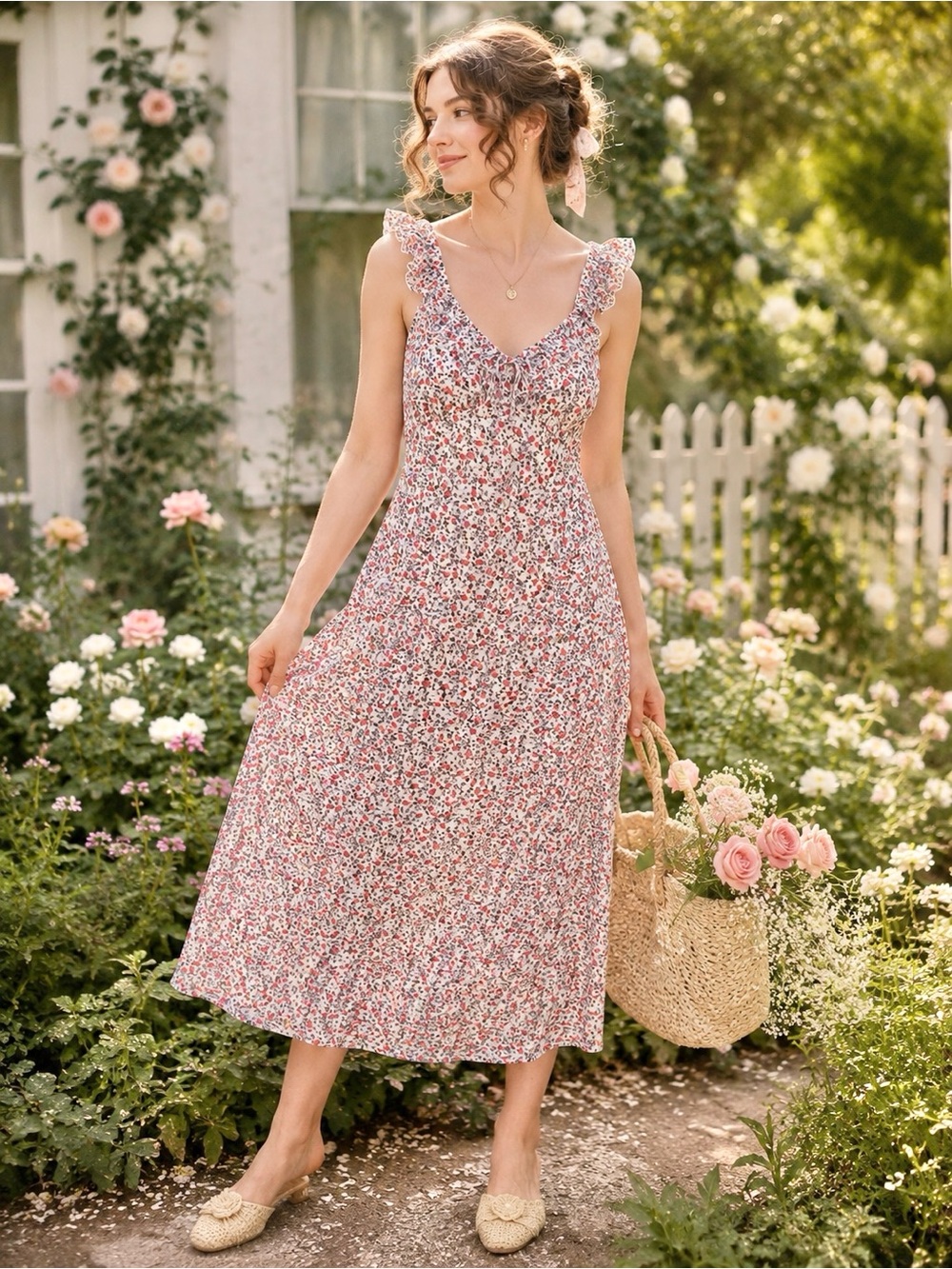 Universal Thread Floral Ruffle Strap Midi Dress Small Cottagecore